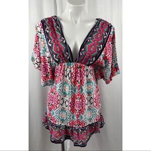 Angie Top Aztec Peasant V Neck V Back Boho Blouse Colorful Flowy